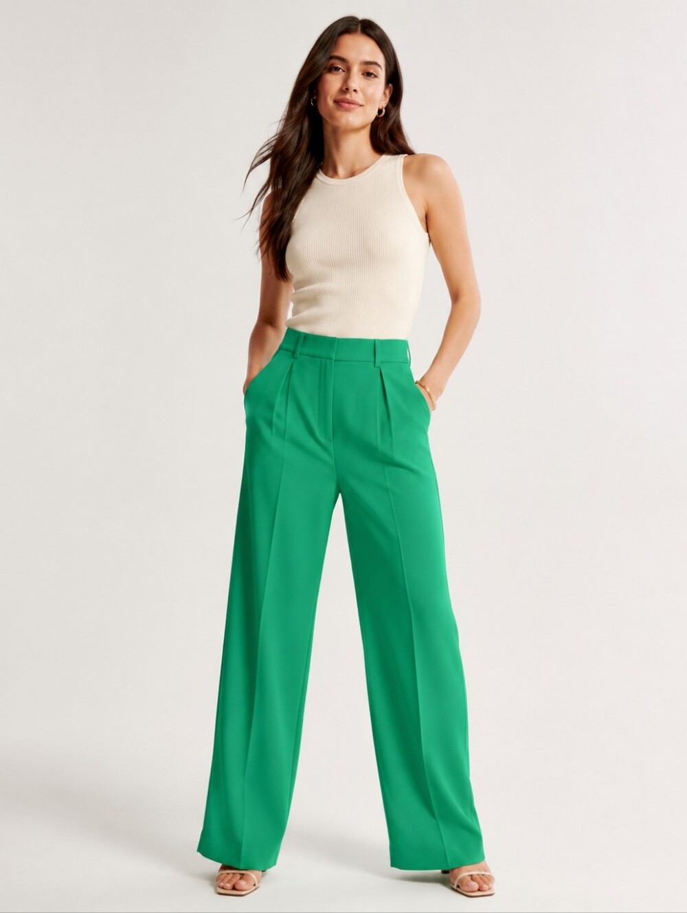 Zara Pleated Green High Waist Wide Leg Trousers Pants Size Medium Retro
